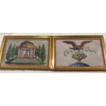 Two framed beadworks, the first depicting a bird with bow over a bowl of flowers, the second a