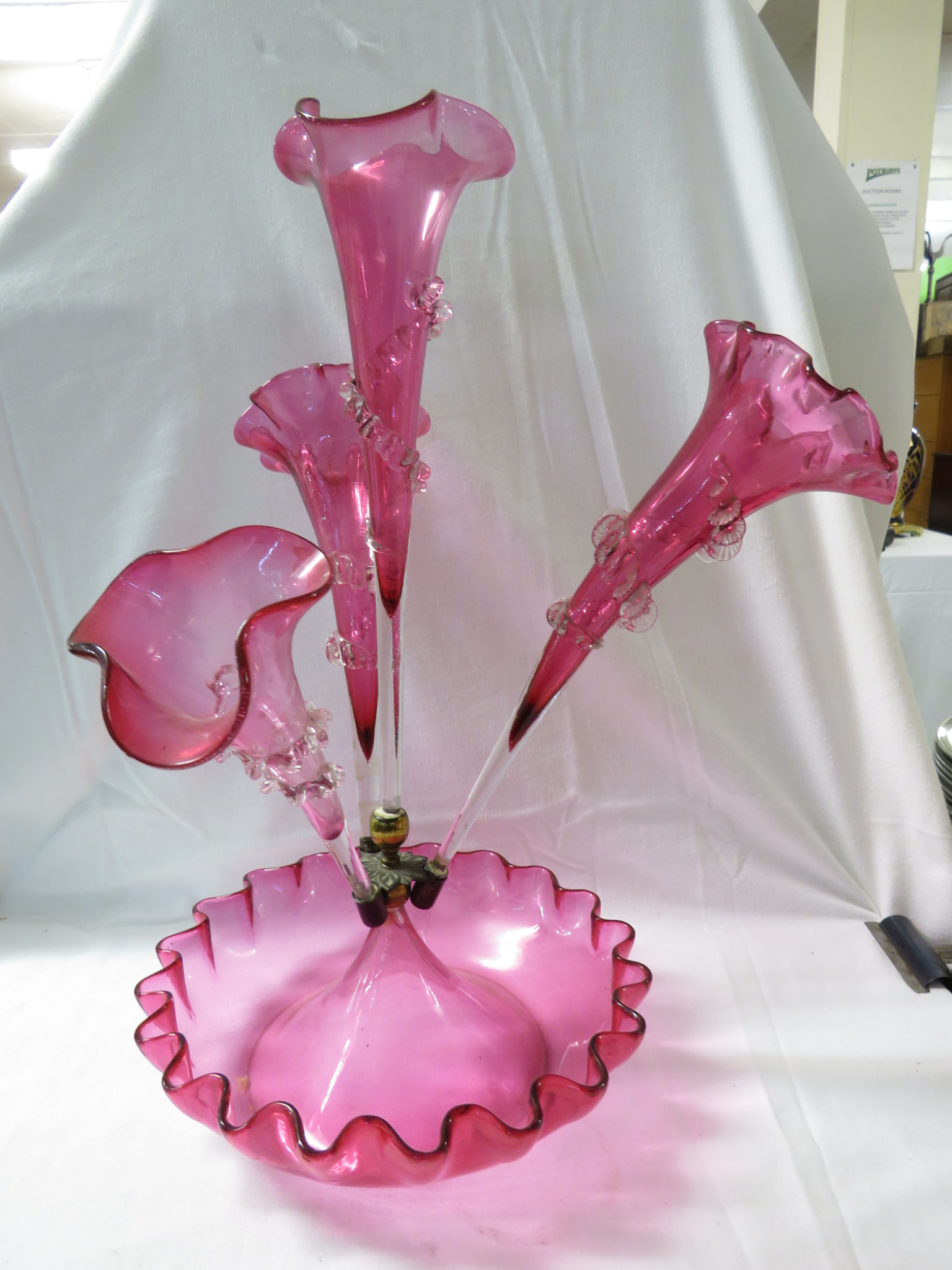 A fine Victorian fluted four stem cranberry glass epergne surmounted on a glass bowl. The trumpet - Image 2 of 5