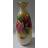 Royal Worcester porcelain vase, slender ovoid form, hand painted decoration of pink roses, signed