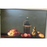 Large oil on canvas still life depicting bread, tomatoes and bottles, signed lower left M W Huggins,