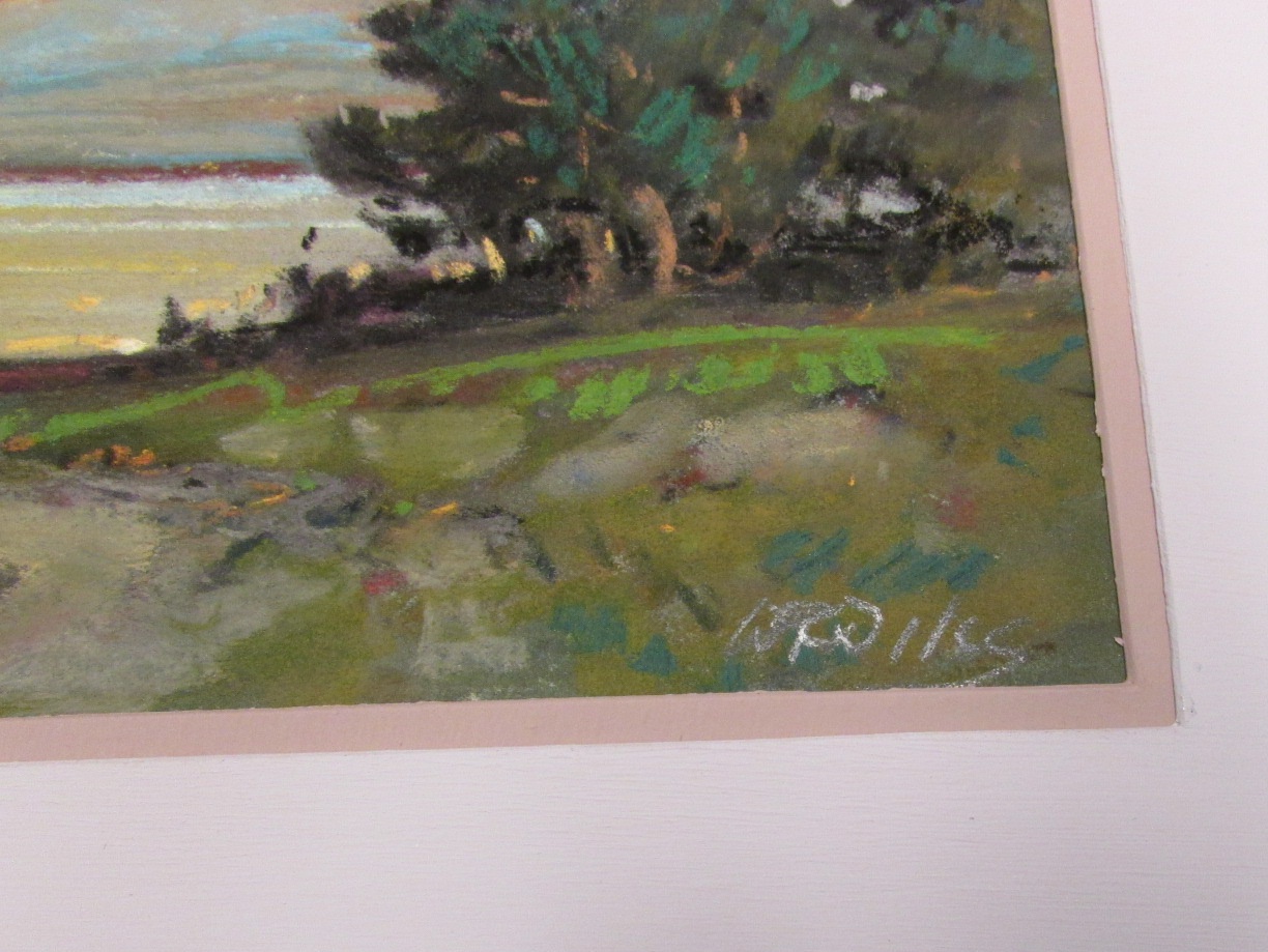 Lake at sunset, pastel, signed lower left and in pencil lower right, (27cm x 34cm), F&G, typed - Image 3 of 5