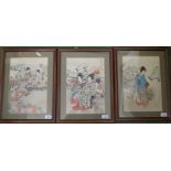 Three Japanese woodblock prints depicting women in gardens, each 23cm x 24cm, framed and glazed