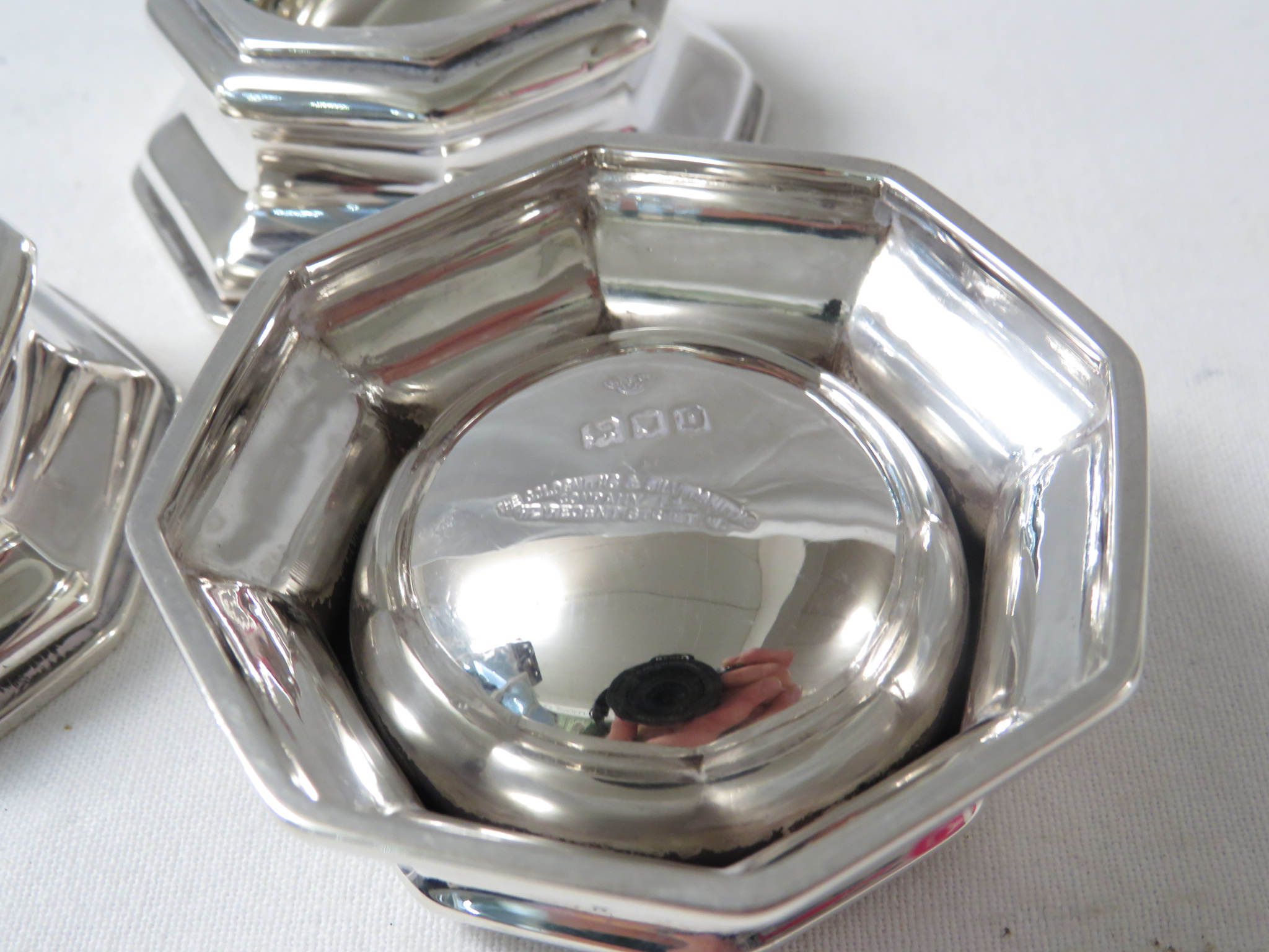 A set of three Goldsmiths & Silversmiths Company Ltd silver salts of octagonal shape, marks for - Image 2 of 2