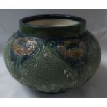 Macintyre JM & Co squat pottery vase, blue and green textured glaze with a repeating pattern of