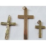 9ct gold cross pendant engraved 1939, (3.3g), a small 9ct gold cross pendant, (1.5g), and a gold