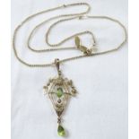 A yellow metal openwork foliate pendant set with two citrines and twenty seed pearls, (overall 5.3cm