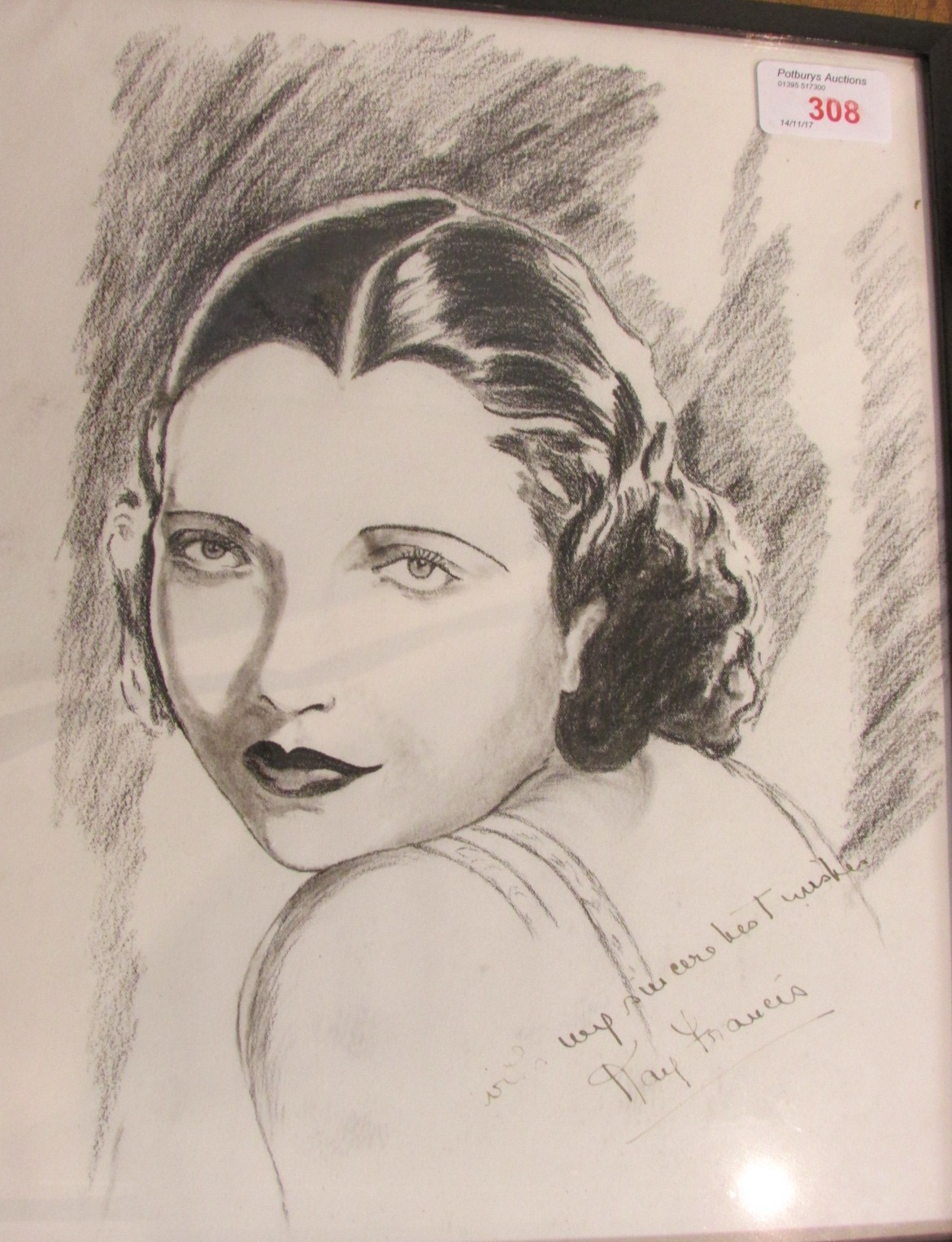 Charcoal portrait of woman with ink endorsement lower right 'With my sincerest best wishes Kay - Image 2 of 2