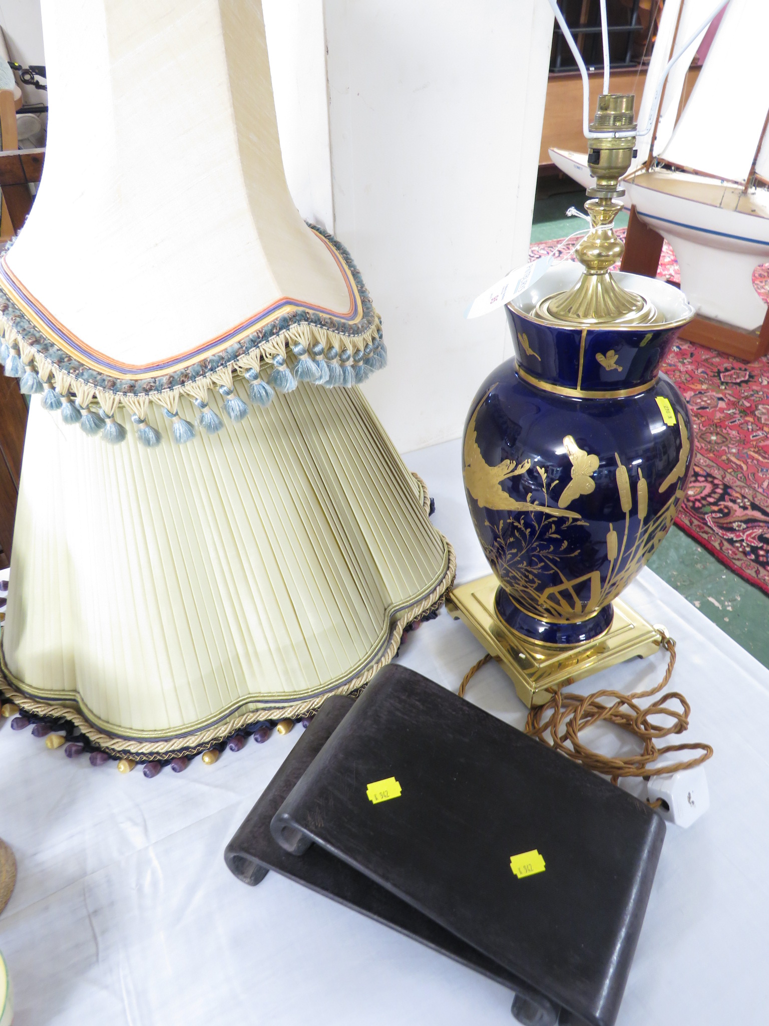 A cobalt blue and gilt vase converted to a table lamp with pleated and tasseled shade, the vase in - Image 2 of 3