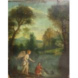 A 19th century oil on panel depicting a man retrieving a fish from a river watched over by an