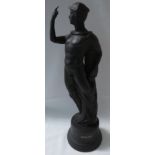 A late 20th century Wedgwood black basalt figure of Mercury, standing on a round socle with gilt