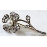 A floral spray diamond brooch, set with thirty-six small and chip diamonds and a cultured pearl,
