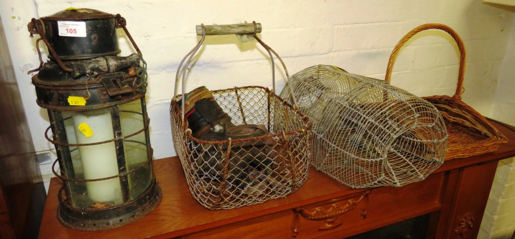 GAS MASK (A/F), WIRE FISHING TRAP, WIRE BASKET, LANTERN AND WICKER TRAY