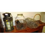 GAS MASK (A/F), WIRE FISHING TRAP, WIRE BASKET, LANTERN AND WICKER TRAY