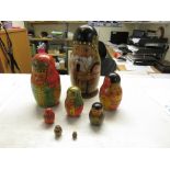SET OF HAND PAINTED WOODEN NESTING DOLLS, TURNED WOODEN BOWL WITH LID, SEA SHELLS AND FOSSILS, SMALL