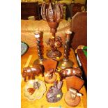 CARVED TREEN TABLE LAMP BASE IN FORM OF FLOWER, OAK BARLEY TWIST AND COPPER CANDLESTICKS AND OTHER