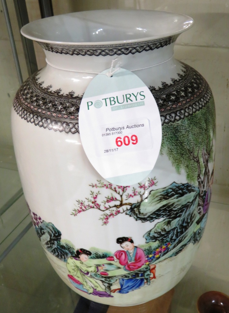 Chinese porcelain vase of broad cylindrical form with flared neck, enamelled in the famille rose