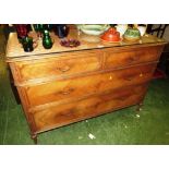 MAHOGANY WIDE CHEST OF TWO SHORT OVER THREE LONG DRAWERS WITH DECORATIVE TOP AND HANDLES