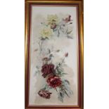 Red and yellow roses, painting on biscuit porcelain, (81cm x 38cm), in a modern gilt frame