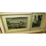 TWO FRAMED AND GLAZED PICTURES - HARBOUR AND STREET SCENE