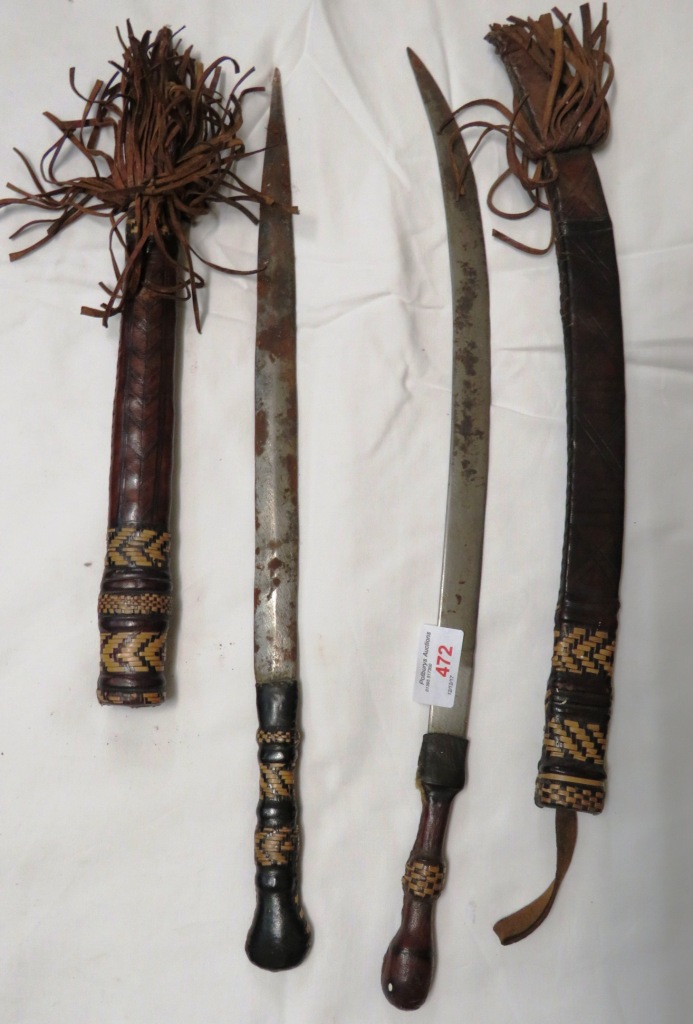 LEATHER HANDLED DAGGER WITH CURVED BLADE AND SHEATH AND LEATHER HANDLED DAGGER WITH STRAIGHT BLADE