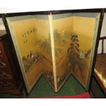 CHINESE FOUR-PANEL FOLDING SCREEN, PRINTED ON SILK TO ONE SIDE WITH LANDSCAPE, CHARACTER MARKS AND