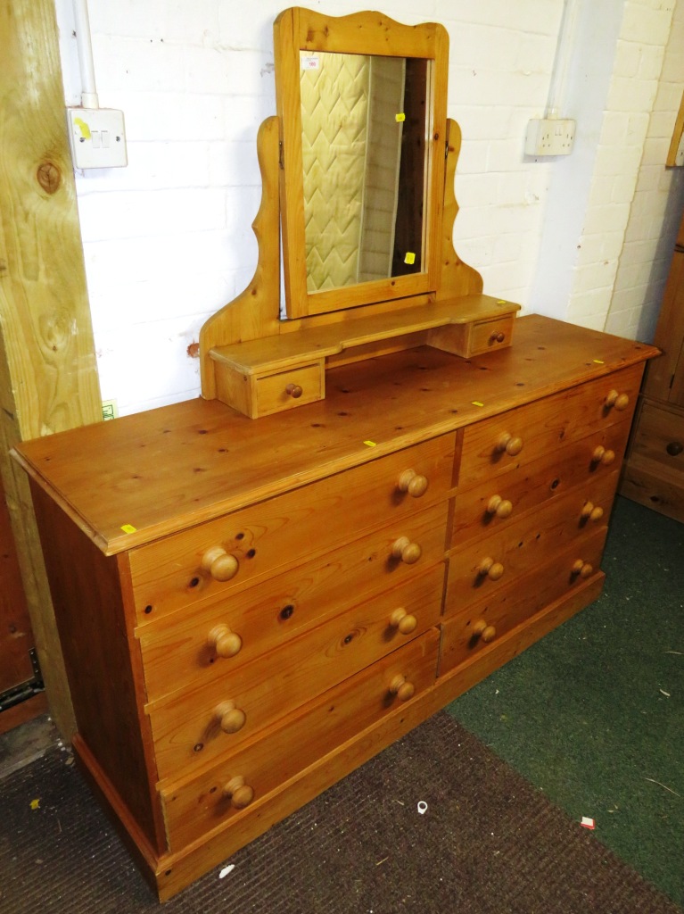 PINE CHEST OF EIGHT DRAWERS AND DRESSING TABLE SWING MIRROR WITH TWO DRAWERS