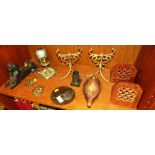 ASSORTED METALWARE INCLUDING CAST METAL SPHINX, BRASS STANDS, VICTORIAN CANDLE HOLDER, CIRCULAR