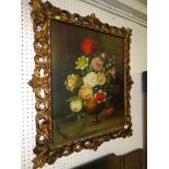 OIL ON CANVAS OF STILL LIFE OF FLOWERS IN GILT FRAME