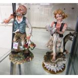 PORCELAIN FIGURINE OF GIRL WITH DOVES AND CERAMIC FIGURINE OF OLD MAN (BOTH WITH CROWN N MARK TO