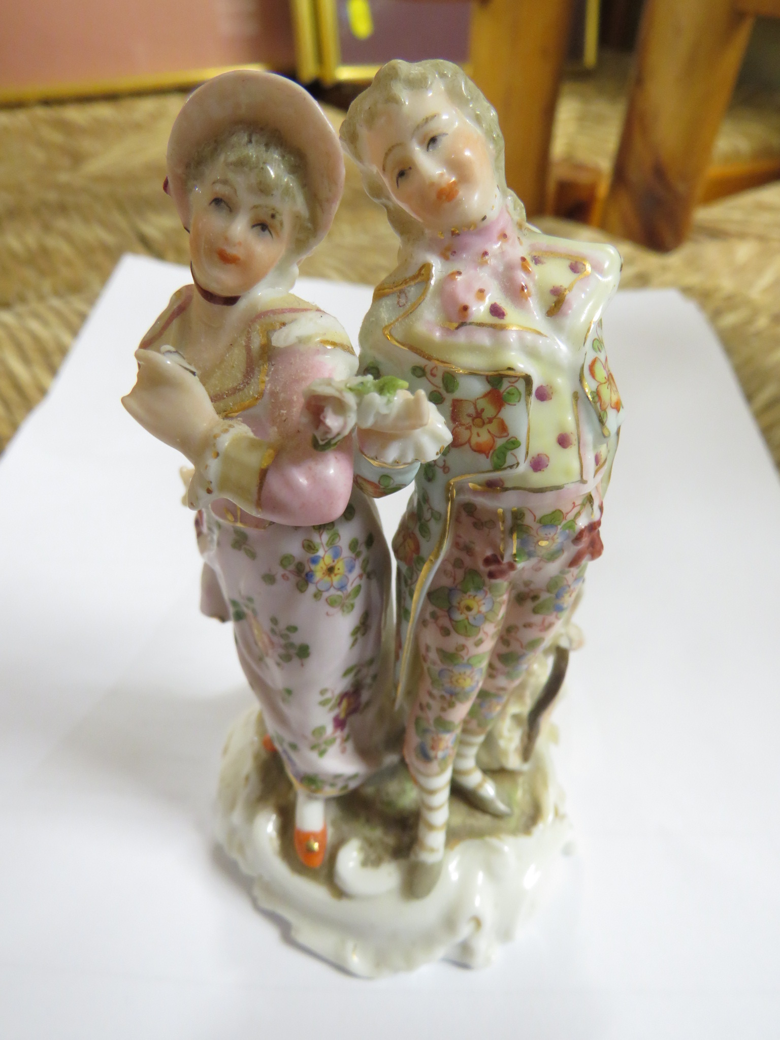 SITZENDORF FIGURE OF WOMAN PLAYING MANDOLIN AND DAMAGED CONTINENTAL PORCELAIN FIGURAL GROUP WITH