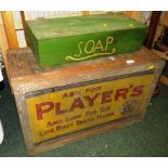 VINTAGE PLAYERS NAVY CUT CIGARETTE BOX AND SMALL GREEN PAINTED WOODEN STORAGE BOX 'SOAP'