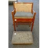 Oak fire screen with embroidered fabric insert, oak piano stool and brass slipper cupboard.