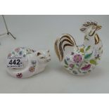 Minton Haddon Hall paperweight figures Cockerel and Sleeping Cat (2)