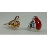 Royal Crown Derby paperweight, Linet and Robin, with gold stopper and boxed.