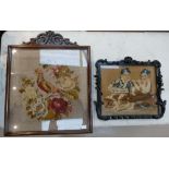 Two framed wall-mounted Victorian tapestries with illustrations of beggars and tropical birds on