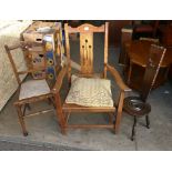 3 Oak chairs to include a carved hall chair,