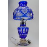 Large modern cut glass cobalt blue table lamp with chrome fixings (chips to inner rim).