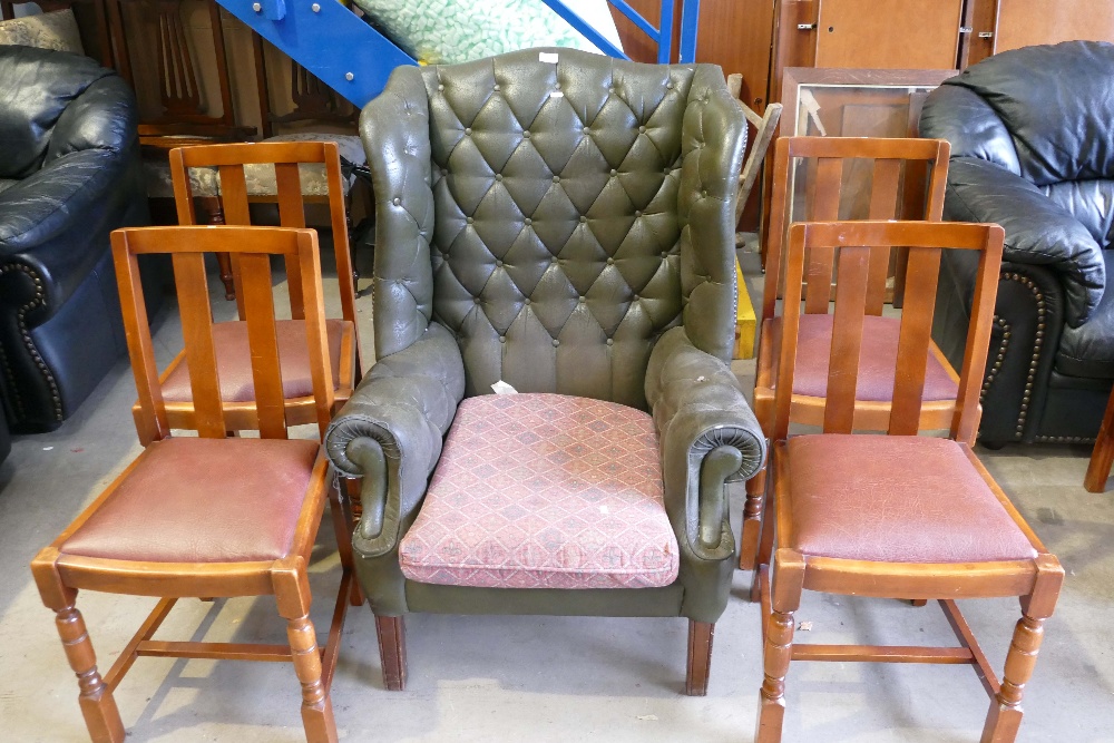 Green leather wing back arm chair (without original cushion) and 4 dinning chairs (5)