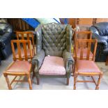 Green leather wing back arm chair (without original cushion) and 4 dinning chairs (5)