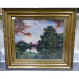 19th Century oil painting on canvass of river scene in sunset in gilt frame, 83 x 74cm.