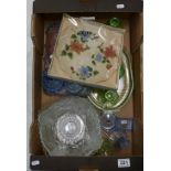 A large collection of coloured and pressed glass items to include dressing table sets, fruit bowls,