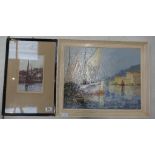 Oil on board seaside study together with smaller print titled Off the Fishing Grounds,