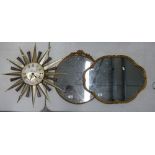 Two Ornate brass edged wall mirrors together with Metamec starburst wall clock.