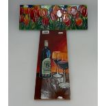 Large tube lined plaques decorated with pictures of tulips and glasses of wine.