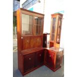 Reproduction mahogany cut corner display cabinet, drop leaf with cabinets.