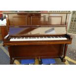Mahogany Edwardian upright piano, Harrods limited, overstrung iron frame.