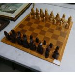 Mid 20th century resin chess set and board with medieval theme