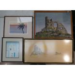 A collection of four mixed media art works with illustrations of Mow Cop Castle, sunsets,