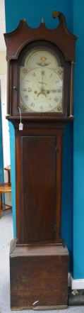 Early 19th Century Mahogany grandfather clock with long door and 12" arched dial painted with sea