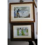 2 framed prints including Jake Cornbie illustrations Caught showing cricket scene and J.